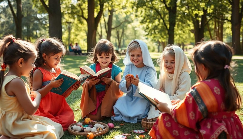 kids playing with Bible stories